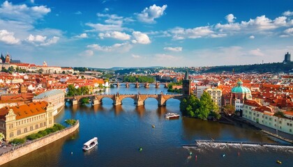 Obraz premium video footage of aerial view charles bridge vltava river in prague czech republic city panorama panoramic view prague old town drone flight over the prague city top view vltava river