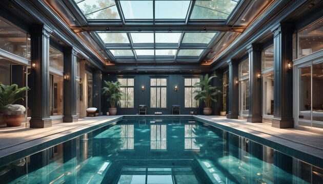 A stunning perspective of a crystal clear indoor pool, highlighting the intricate reflections of the ceiling and walls, creating a mesmerizing visual experience, Generative AI