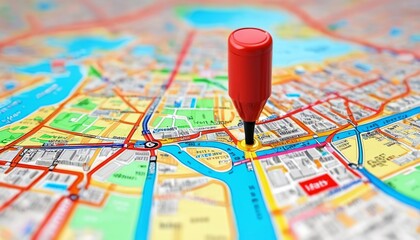 Naklejka premium A glossy red pinpoint marker stands out on a digital street map, highlighting a specific location with vibrant clarity and precision, Generative AI