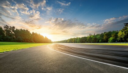 Naklejka premium wide race track and green woods nature landscape at sunset