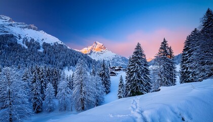 Fototapeta premium winter forest covered with snow surrounding chiesa bianca and maloja at dusk bregaglia engadine graubunden canton switzerland europe