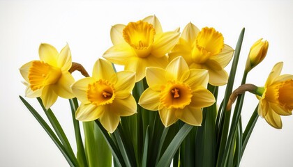 Obraz premium yellow daffodils on a white background springtime gardening