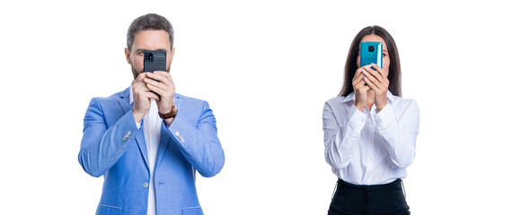 business man and woman use phone. two chatting business partner chatting in blog. business colleague chatting online isolated on white. business chatting communication. online chat. phone addiction