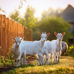Obraz premium young goats walk in the backyard in summer summer rural scene without people