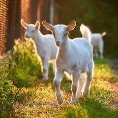 Obraz premium young goats walk in the backyard in summer summer rural scene without people