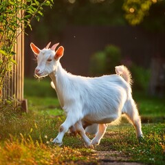 Obraz premium young goats walk in the backyard in summer summer rural scene without people