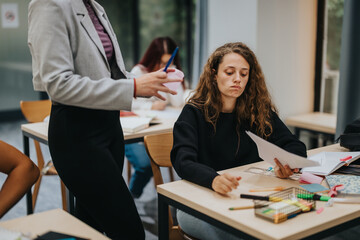 Female student focused on classroom assignments while teacher interacts. The setting is a modern classroom environment with educational materials on desks.
