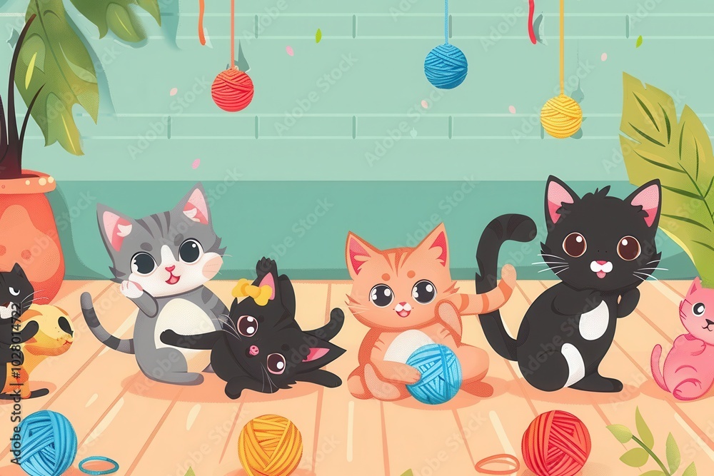 Poster a group of playful cats explores colorful yarn and balls, having fun in a bright indoor setting that