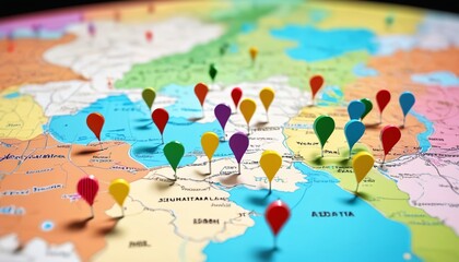 An illustrative depiction of location exploration using map pins, capturing the essence of adventure and discovery in a colorful and engaging digital environment, Generative AI