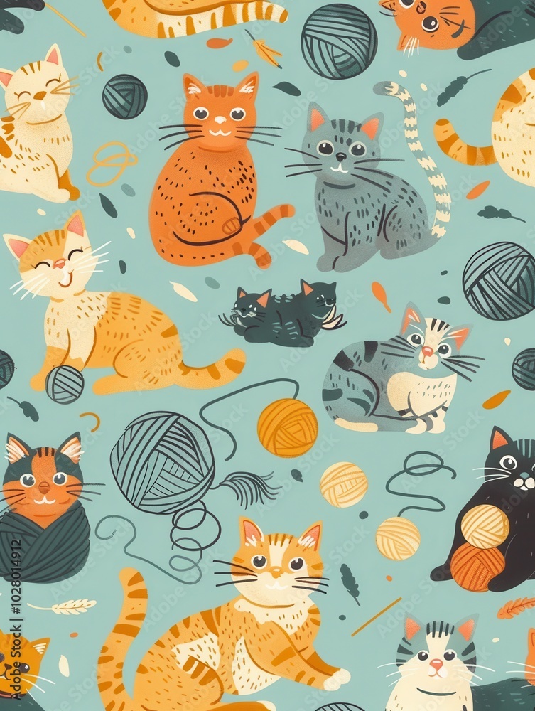 Poster a lively depiction of various cats engaging with balls of yarn and playful toys, showcasing their fu