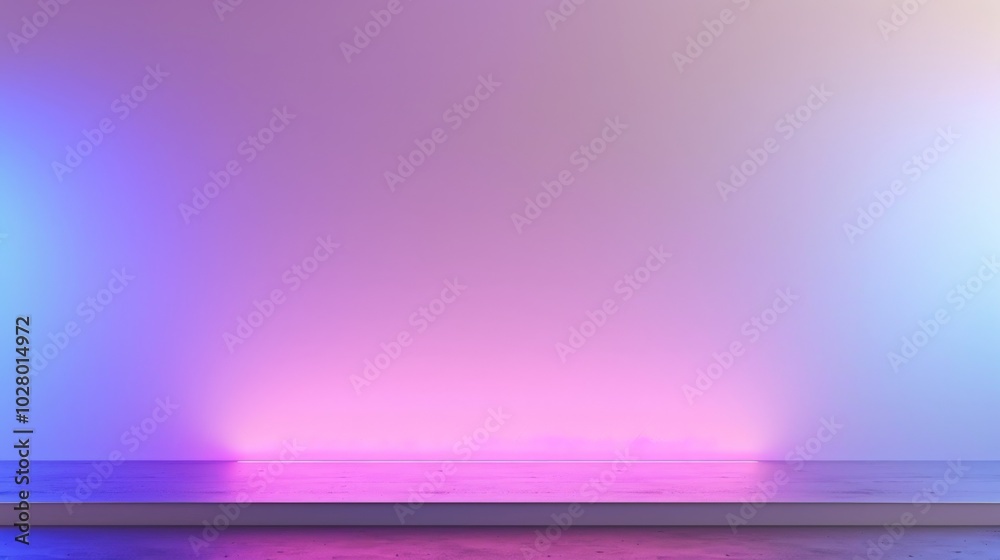 Wall mural empty shelf is bathed in the colorful glow of a synthwave gradient wallpaper