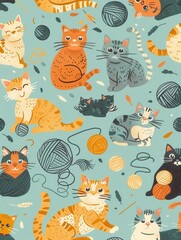 A lively depiction of various cats engaging with balls of yarn and playful toys, showcasing their fun and curious nature in an enchanting setting. Generative AI
