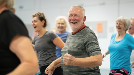 Fototapeta premium Seniors engage in group exercises with enthusiasm, proving that physical fitness can be fun and rewarding at any age.