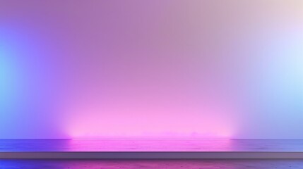 Empty shelf is bathed in the colorful glow of a synthwave gradient wallpaper