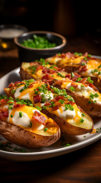Loaded potato skins filled with melted cheese, crispy bacon bits, and topped with a dollop of sour cream and chopped herbs arranged. Vertical, dark wooden table.