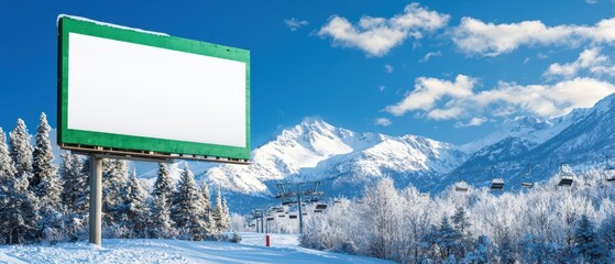 A blank billboard in a snow-covered landscape, surrounded by majestic mountains and vibrant trees under a clear blue sky.
