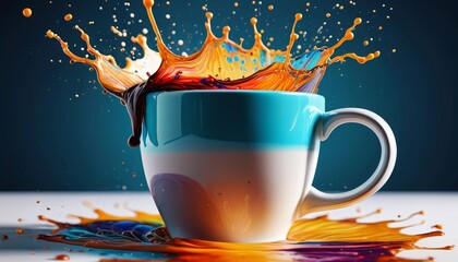 An energetic depiction of a coffee cup with a splash, illustrating the moment of impact as the liquid bursts from the cup, adding vibrancy to the scene, Generative AI