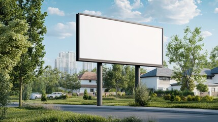 Obraz premium A blank billboard on the side of a suburban road, surrounded by greenery and houses under a clear blue sky.