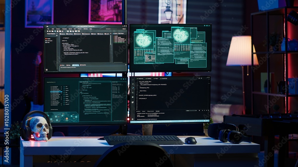 Poster panning shot of high tech computer system running malicious code in empty apartment. pc monitors in 