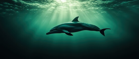 Naklejka premium A graceful dolphin swims through sunlight-drenched ocean waters, showcasing its beauty and agility in a serene underwater environment.