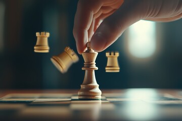 A hand strategically moves a king piece in a chess game, with rooks in action. Focus on strategy and skill in gameplay.