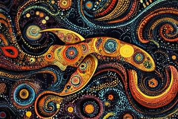 A vibrant aboriginal style dot painting featuring a graceful fish swimming through a swirling underwater cosmos