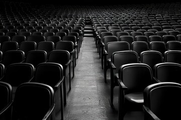 Fototapeta premium A wide view of empty black chairs arranged in rows in a dark auditorium, creating a striking contrast with the surrounding space.