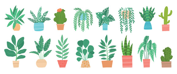Pot plants. House tropical leaves, tree, succulents and cactus. Urban jungle, home green garden in flowerpots. Cartoon houseplant vector set. Succulent cactus, houseplant for decoration interior on wh