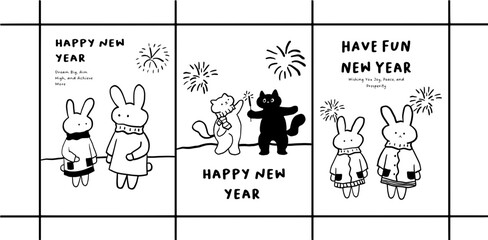 Obraz premium Cute New Year Celebration Vector – Animals, Fireworks, and Holiday Cheer