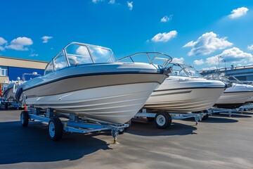 Luxury boats parked in a sunny lot at a boat sports store for sale or rental under a clear blue sky