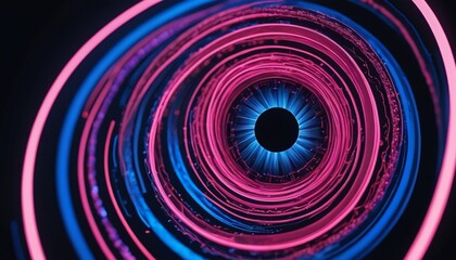 A vivid portrayal features a spiraled object showcasing a stunning interplay of blue and pink lights bursting from its center, producing an eye-catching and dynamic display, Generative AI