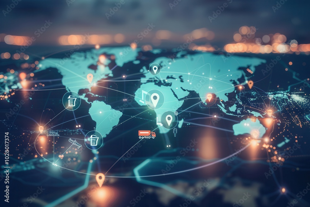 Poster A detailed global map showcases highlighted transport routes with icons representing different transport types across the world. Generative AI