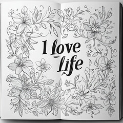 coloring books, with accurate and bold drawings, in the middle of the page is written "i love life" in black and white colors, beautiful design 