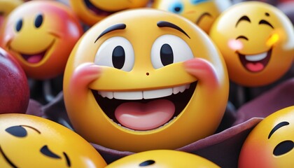 An expressive close-up image features a happy emoji, highlighting its wide grin and joyful demeanor, conveying a sense of delight and contagious happiness, Generative AI