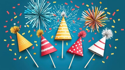 Obraz premium Colorful party hats with festive decorations and confetti, celebrating a joyful occasion against a vibrant background.