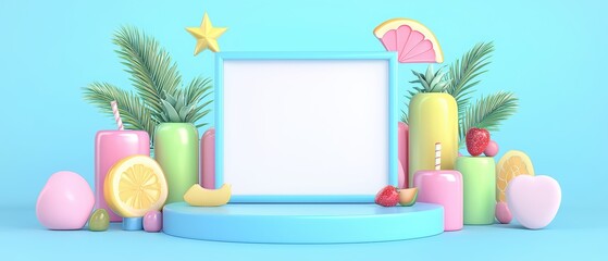 Colorful tropical themed display with a blank frame surrounded by vibrant fruits and decorations.