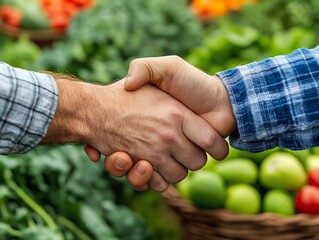 A firm handshake between two individuals in a fresh market, symbolizing agreement and collaboration in a vibrant setting.