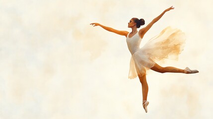 Fototapeta premium Graceful ballet dancer performing an elegant leap against a soft, dreamy background, embodying beauty and movement.