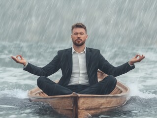 A businessman meditating calmly in a wooden boat amidst a heavy rainstorm on a tranquil ocean, staying calm in tough times
