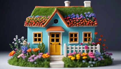 A quaint ceramic miniature house adorned with colorful flowers and a tiny garden, bringing a touch of whimsy and character to any shelf or tabletop arrangement, Generative AI