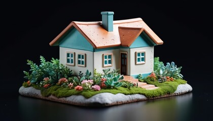 A serene ceramic miniature house nestled among greenery, conveying a sense of tranquility and charm, ideal for enhancing any natural-themed decor or as a thoughtful gift, Generative AI