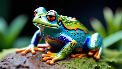 Fototapeta premium A charming ceramic miniature frog, painted in vibrant hues and designed with whimsical features, perfect for adding a playful accent to garden decor or as a unique collectible, Generative AI
