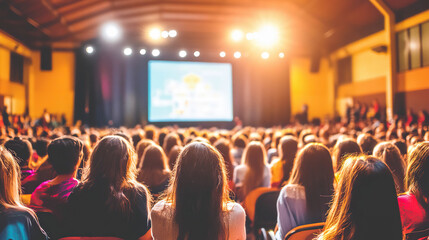 Audience watching a large screen presentation in a conference hall. AI-generated