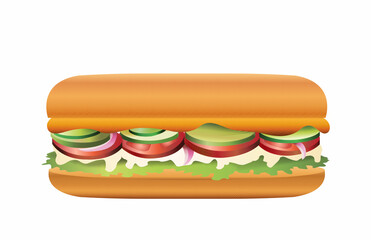 Vibrant sandwich with layers of fresh lettuce, tomatoes, cucumbers, and onions, all nestled in a crunchy, golden-brown bun graphic illustration
