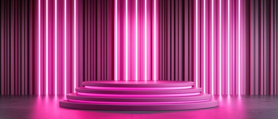 Modern stage with vibrant pink lights creating an energetic atmosphere, perfect for events and performances.