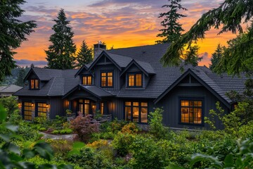 Detailed  landscape shot of a dark grey-roofed craftsman home with navy windows, set against a Pacific Northwest sunset and lush greenery
