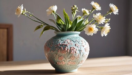 An elegant ceramic miniature vase, beautifully crafted with intricate details and soft colors, ideal for displaying small flowers or as a charming decor piece in any room, Generative AI