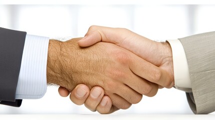 Obraz premium Two business people shake hands in agreement, symbolizing partnership and collaboration.