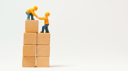 Two construction workers helping each other atop building blocks, showcasing teamwork and cooperation.