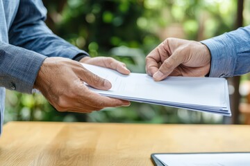 Obraz premium Two hands exchanging important documents in a professional setting, highlighting collaboration and communication.